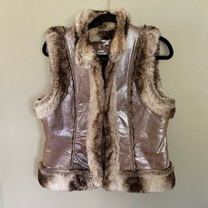 Leather Vest with Metallic Shimmer and Faux Fur